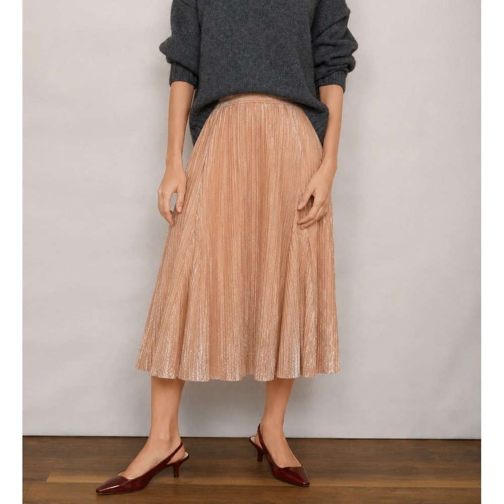 Maeve Midi Skirt Sz M Rose Gold Shimmer Pleated Holiday Cocktail Party Sparkle